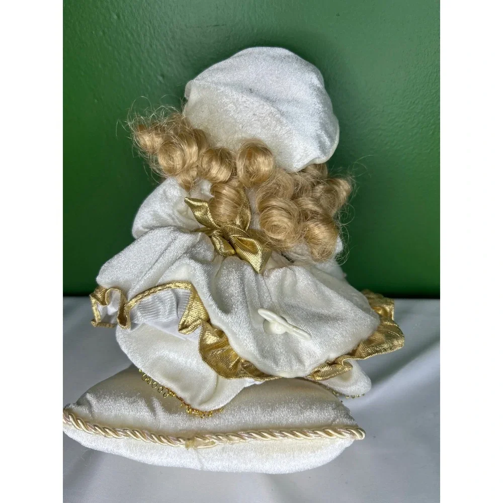Vintage Musical Porcelain Doll on Pillow White Gold Velvet Dress Wind Up Blonde